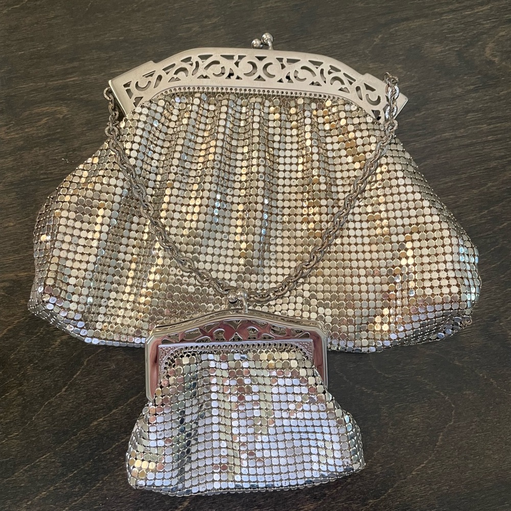 Whiting & Davis vintage silver mesh evening bag and coin purse matching
